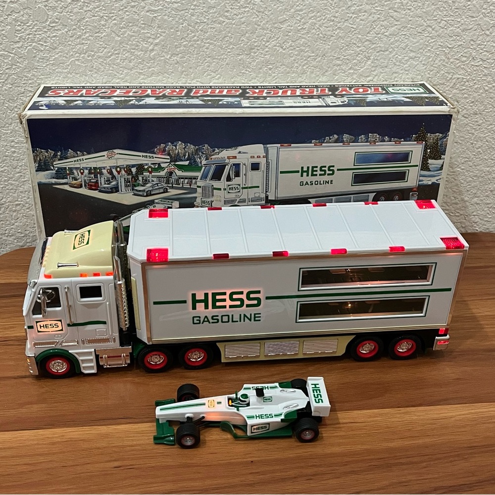 2003 Hess Gasoline Toy Truck & 1 Race Car w/ Lights in Original Box